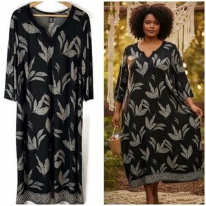 AnyWear by Catherine's Black & Cream Maxi Leaf Pattern Dress Women's Sz 3X 26-28